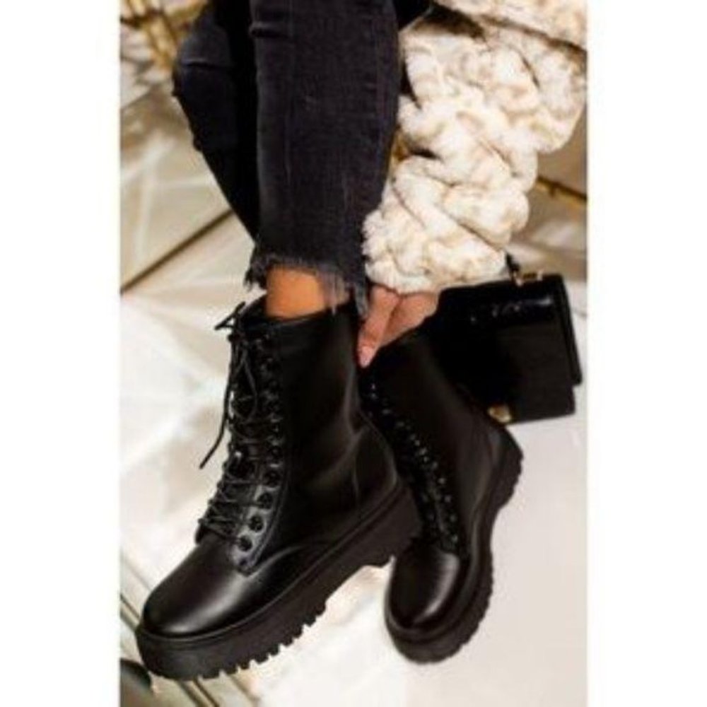 Black Faux Leather Combat Boots - Picture 7 of 7